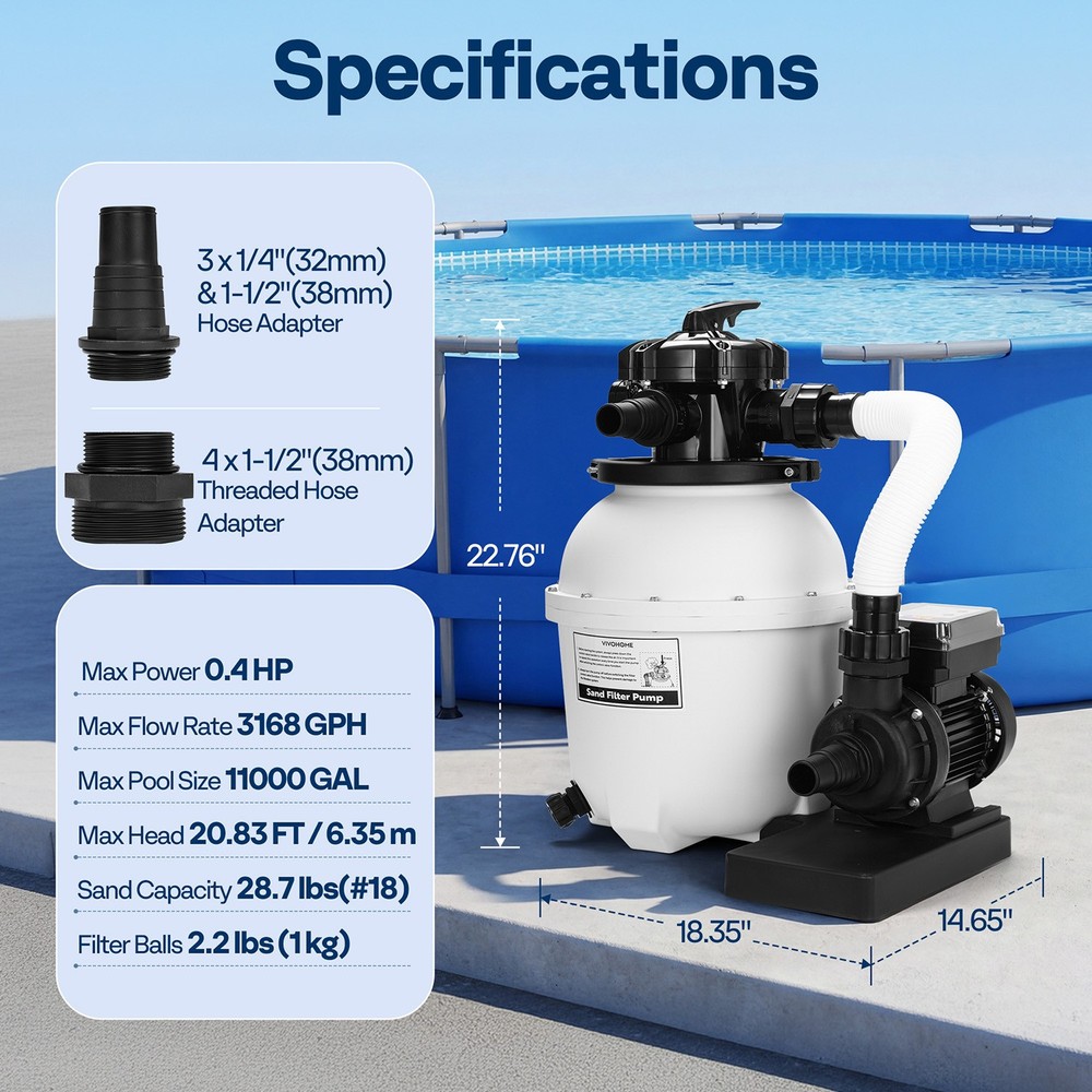 12'' Sand Filter Pump 3168GPH 0.4HP Above Ground Pool Filter System 6-Way Timer