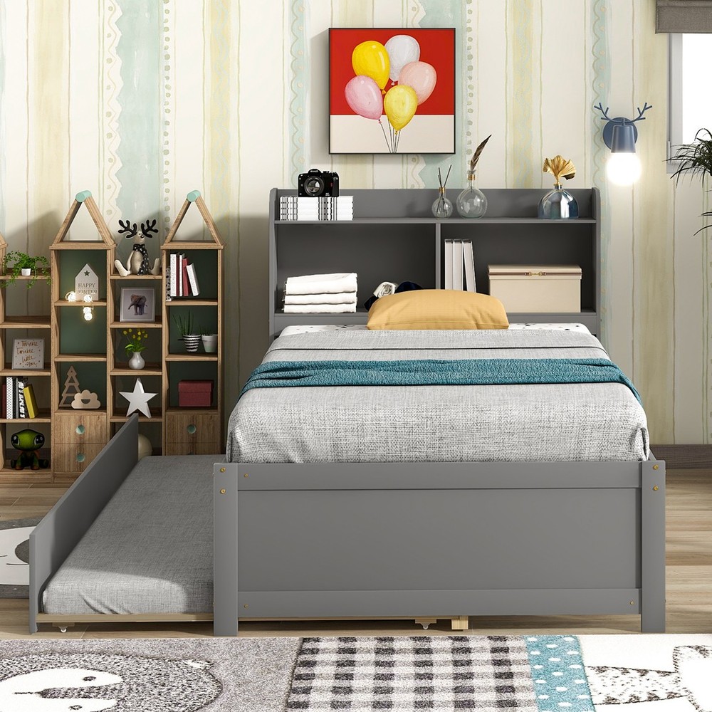 Twin Bed with Trundle Bookcase Grey