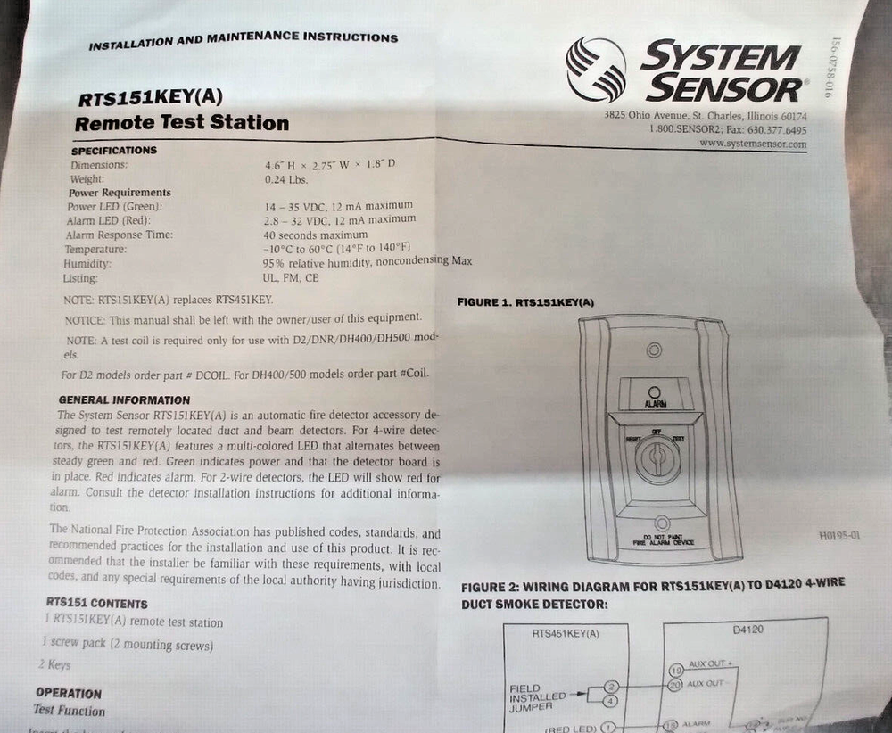 System Sensor RTS151KEY, Remote Duct Fire Alarm Test Station