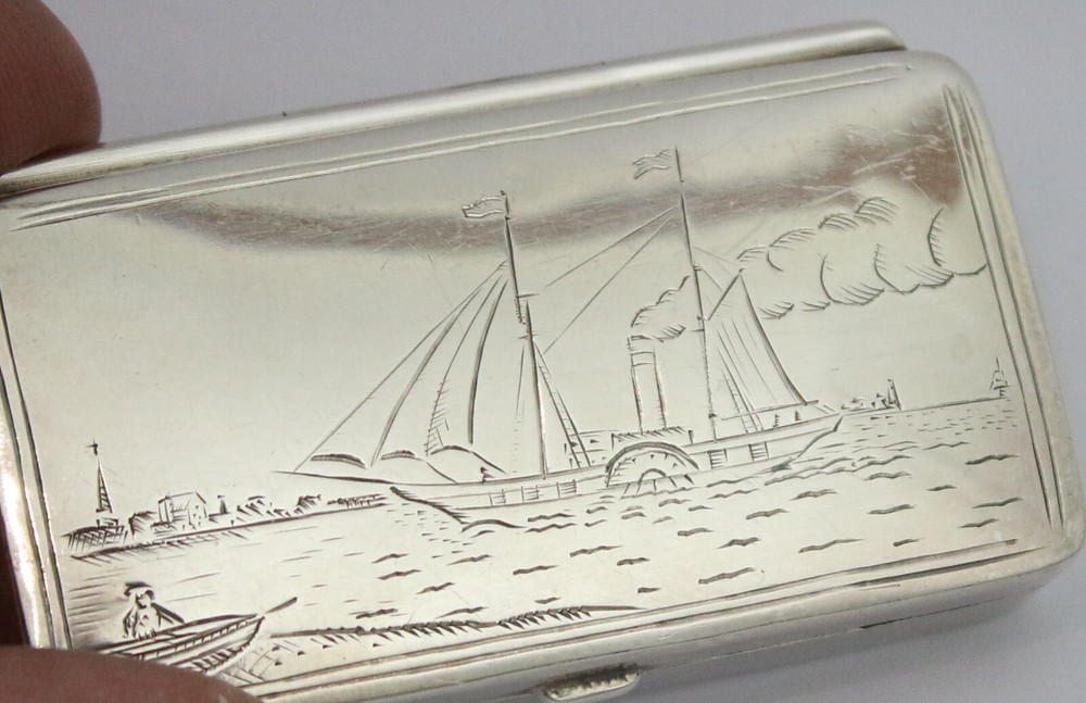 Sterling solid silver stamp box with paddle steamer engraving Elizabeth II