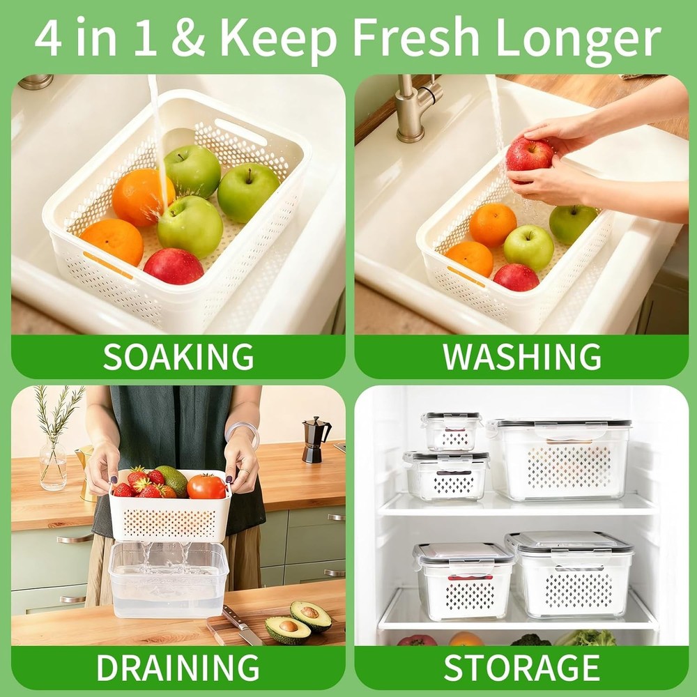 5-Pack Large Fruit Storage Containers Fridge W/ Removable Colander 2 in 1
