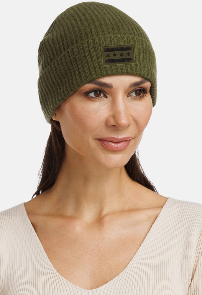 Chicago Flag Cuffed Ribbed Beanie Hat Olive