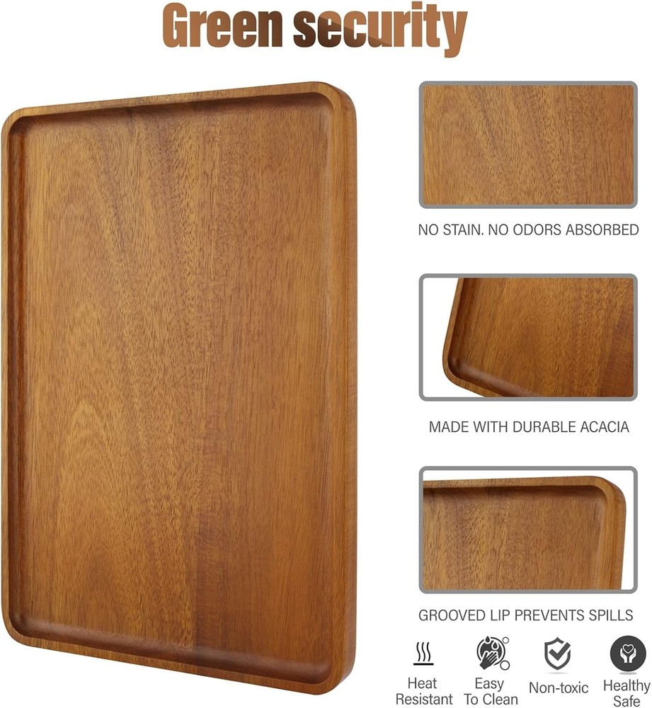 2 PCS Solid Acacia Wood Serving Trays 16 * 12 inch Rectangular Wooden Serving...