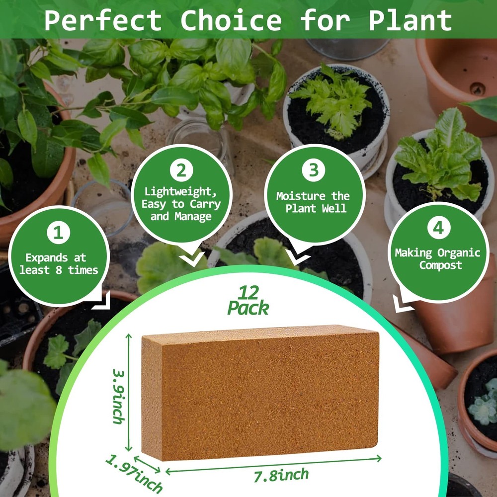 Riare 12pcs Organic Coco Coir Bricks Soil Blocks- 100% Natural Compressed Coc...