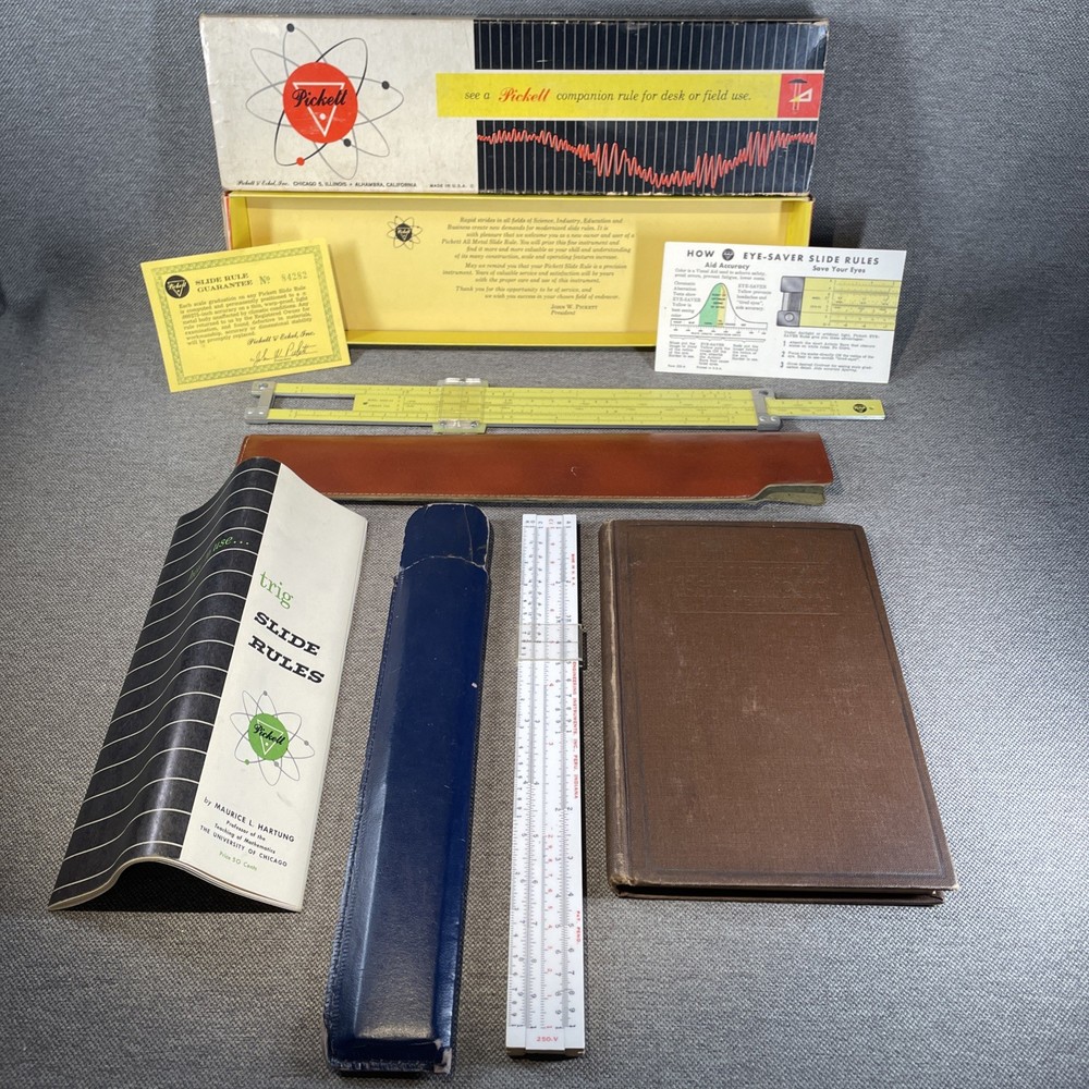 Vtg Slide Rule Bundle Pickett #N902ES, Engineering Instruments, 1929 Trig Book