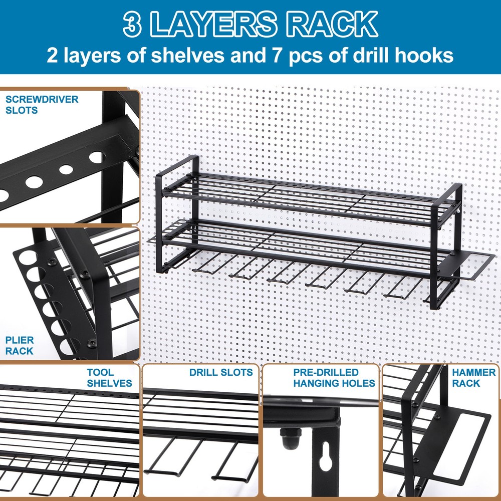 Power Tool Organizer 3 Layers 7 Drill Storage Racks Wall Mount Garage Tool Shelf