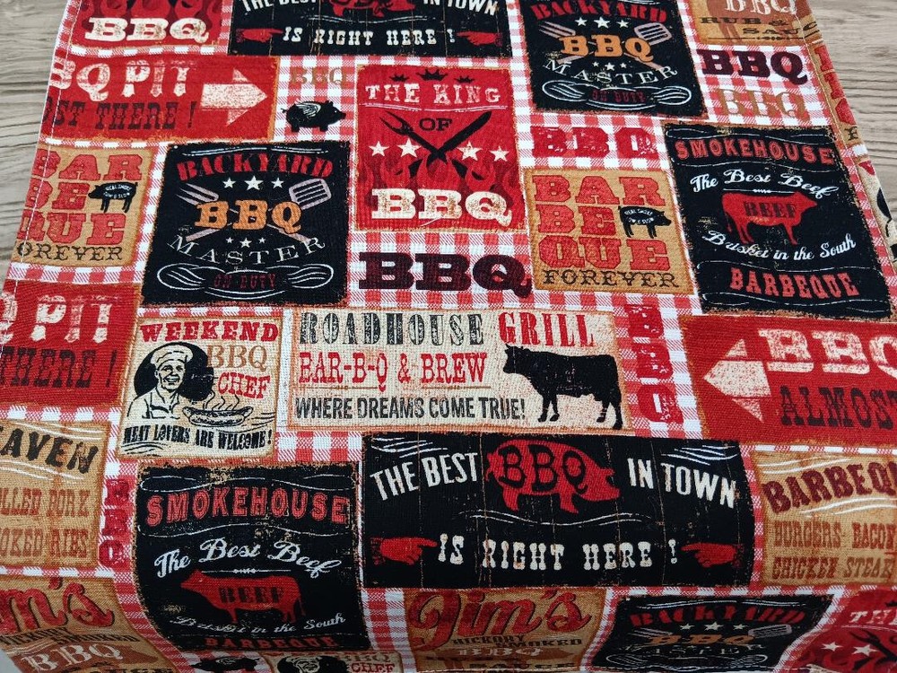 Handmade Reversible Table Runner BBQ Print and Solid Creamy White Choose Size