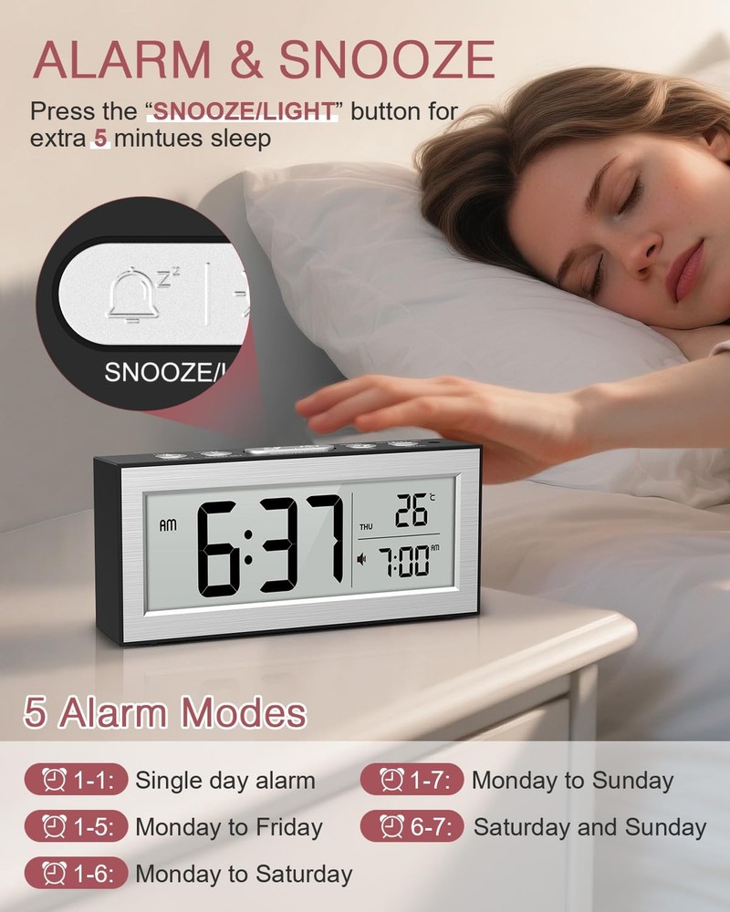 Digital Alarm Clock, Battery Powered LCD Clock with Auto Dimmer, Snooze, Temp...