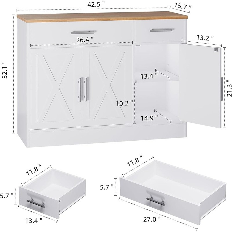Large Storage Sideboard Cabinet Multifunctional Buffet Unit W/ Drawers & Shelves
