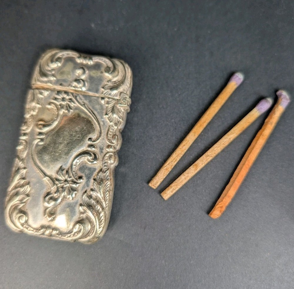 Antique German Silver Match Safe Case Ornate Scroll With Matches