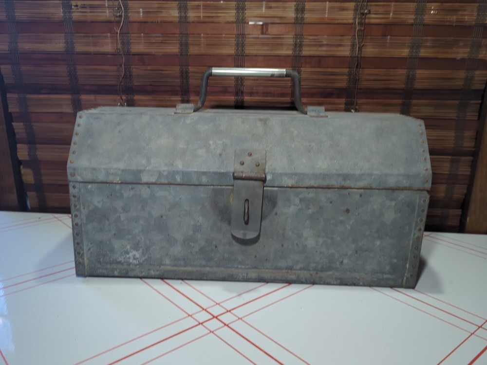 Vintage Galvanized Metal Tool Box Storage Coffin Style Large
