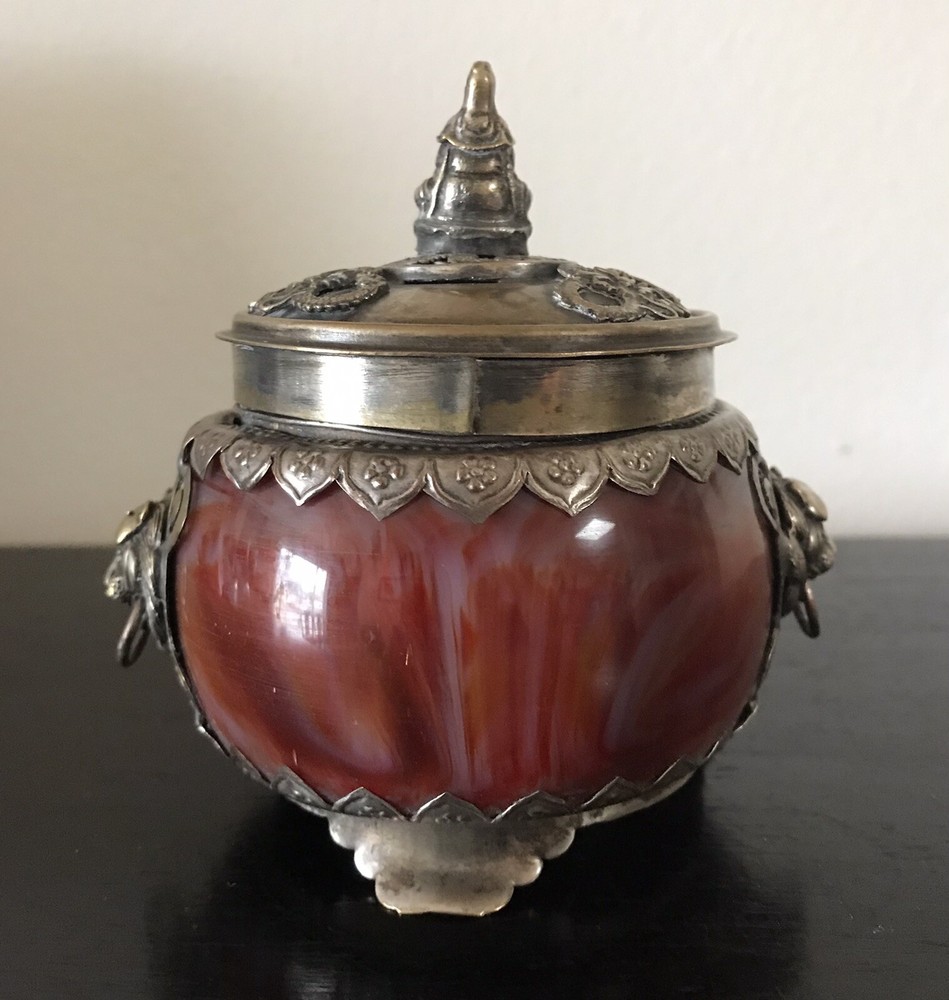 Chinese tibet agate inlay silver incense burner marked