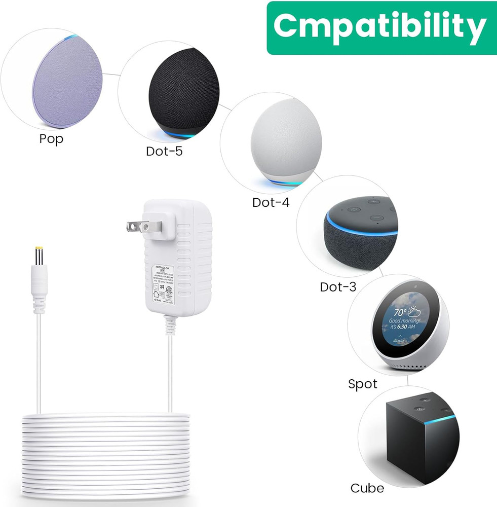15W Power Cord Adapter for Echo Pop, Dot 5Th Gen, Dot 4Th, 3Rd Generation, Kids