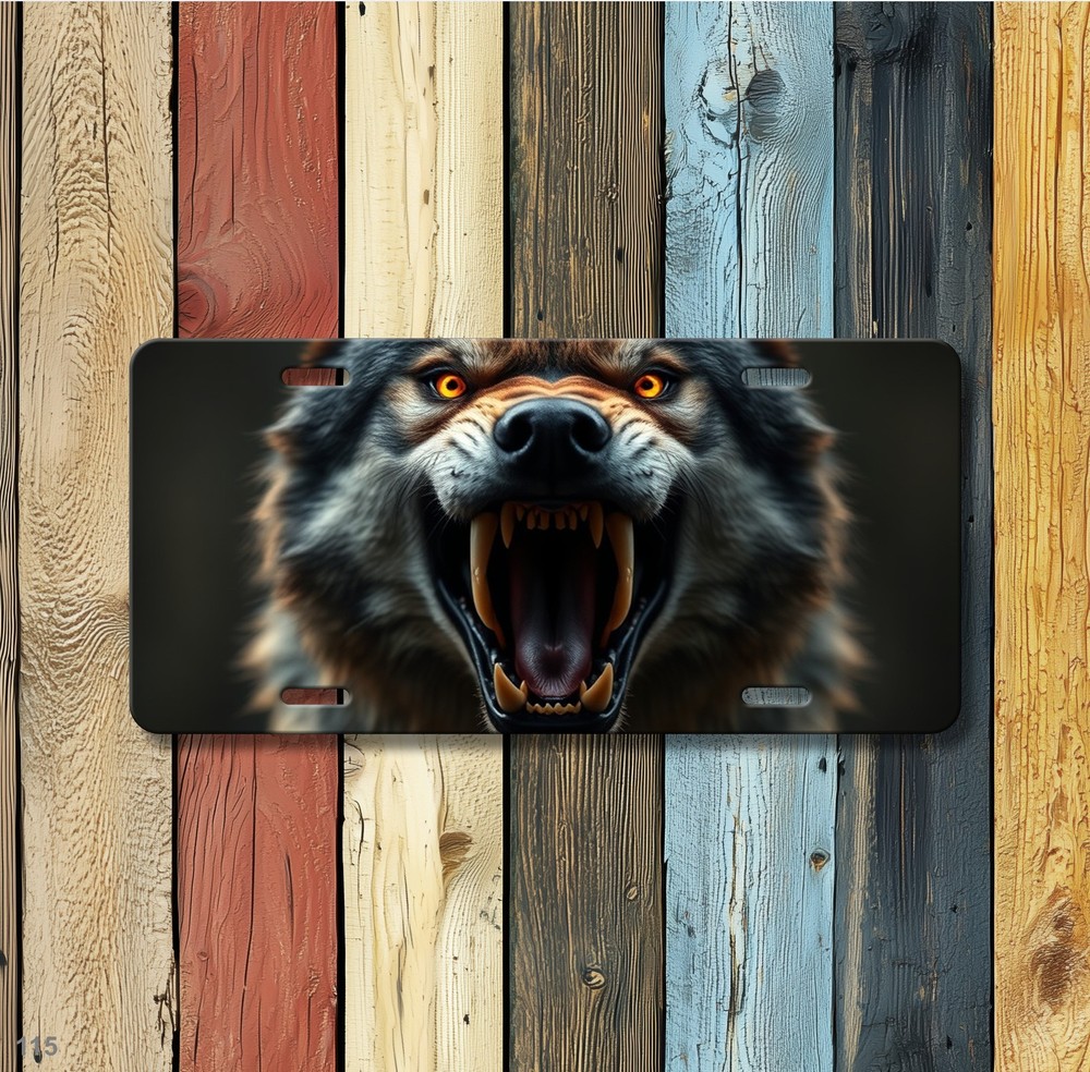 Aggressive Wolf License Plate Snarling Design Customizable Front Plate Anniversa