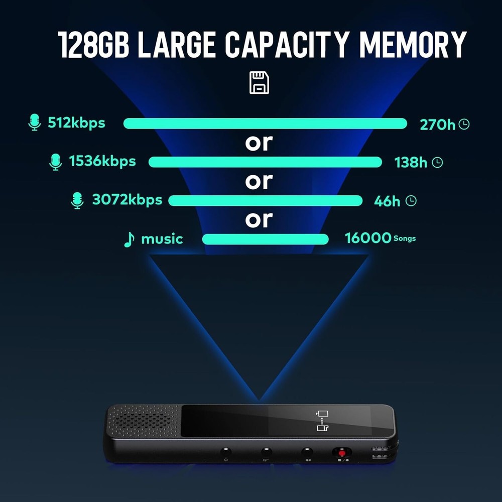 128GB Voice Recorder by COCONISE, 3072Kbps, MP3, A-B Loop, Password Lock