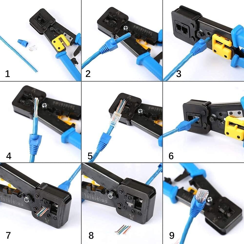 RJ45 Crimp Tool Ethernet Pass Thru Crimper with 5Pack 8Pin Replacement Blades...
