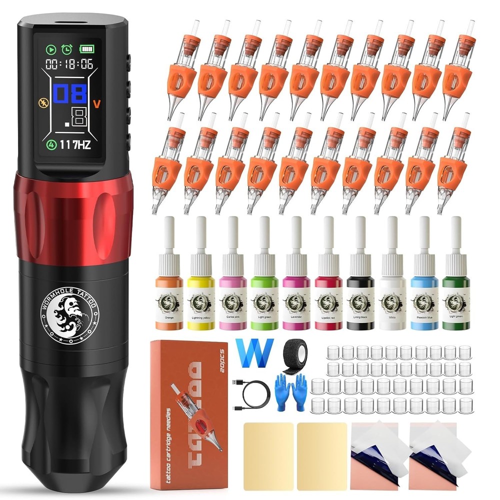 Pro Wireless Tattoo Machine Kit Black Cordless Pen 6Hr Battery Timer Modes