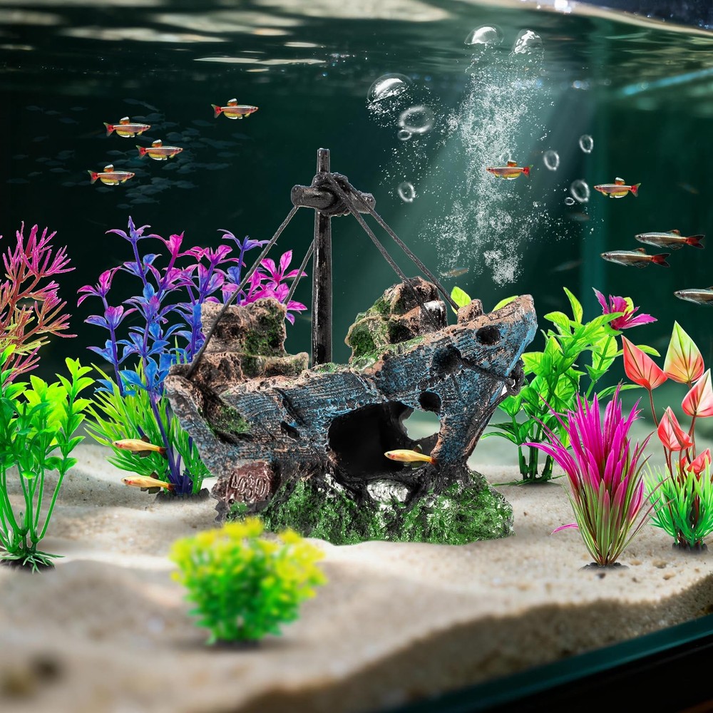 Xereooe 8Pcs Fish Tank Decorations Set Sunken Ship Multicolored