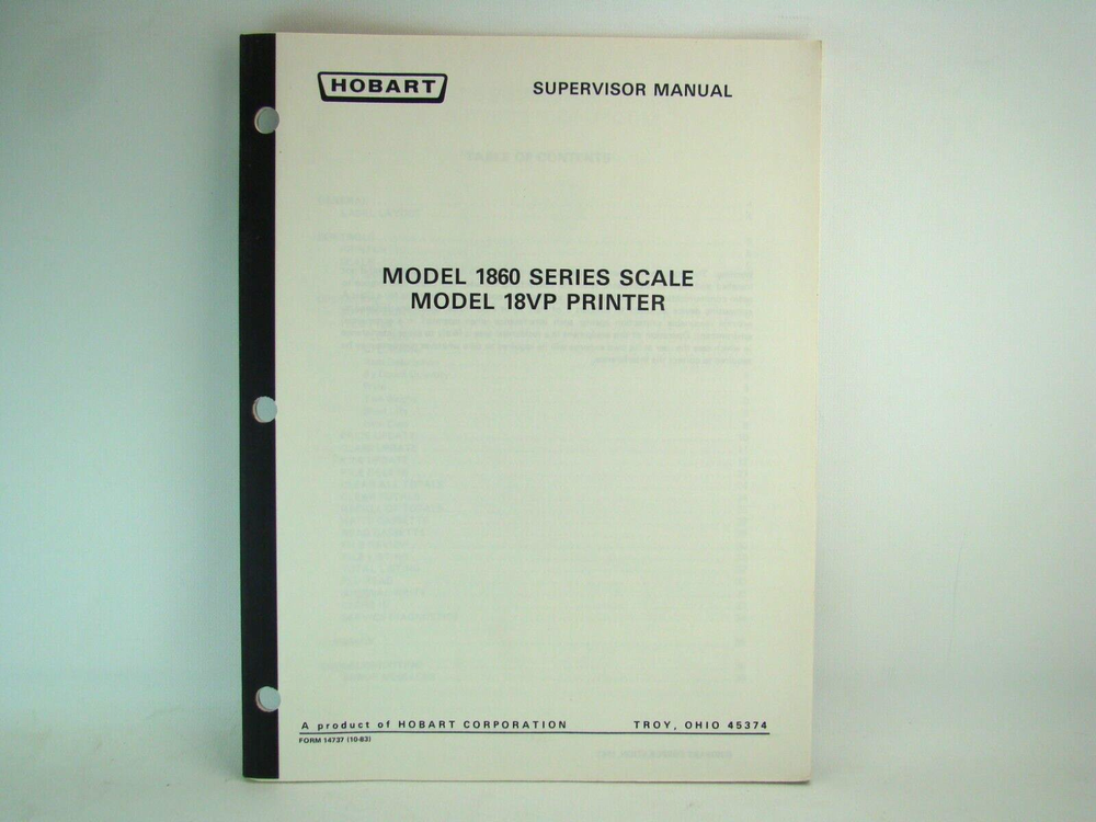 Hobart Model 1860 Series Scale Model 18VP Printer Supervisor Manual