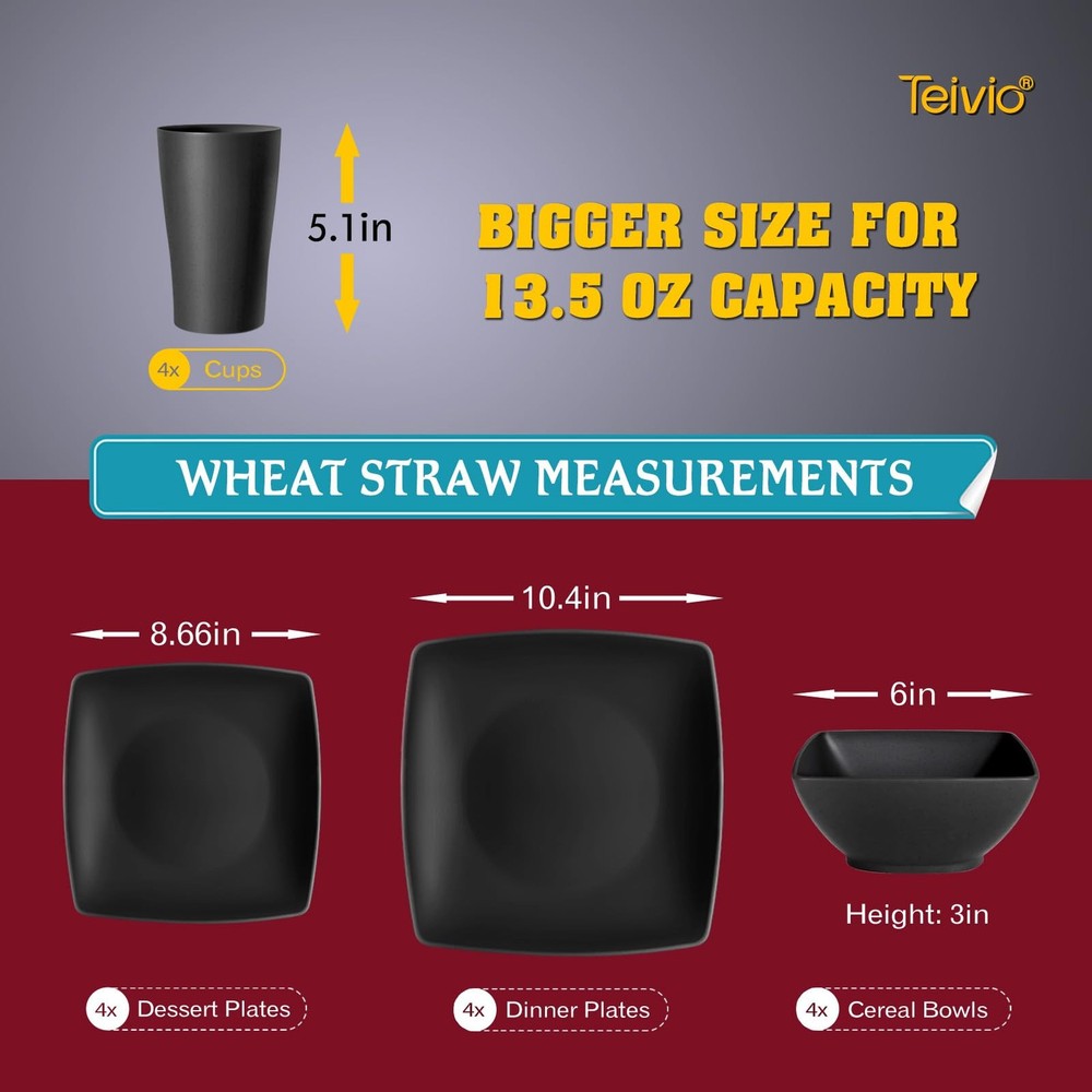 16-piece Plastic Wheat Straw Square Dinnerware Set for 4, Unbreakable Dinner ...