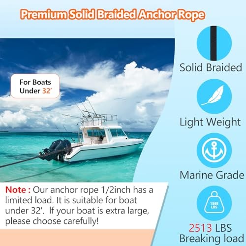 1/2 Inch 50 FT Anchor Rope, Boat Anchor Rope Solid Braid MFP, 1/2inx50ft Black