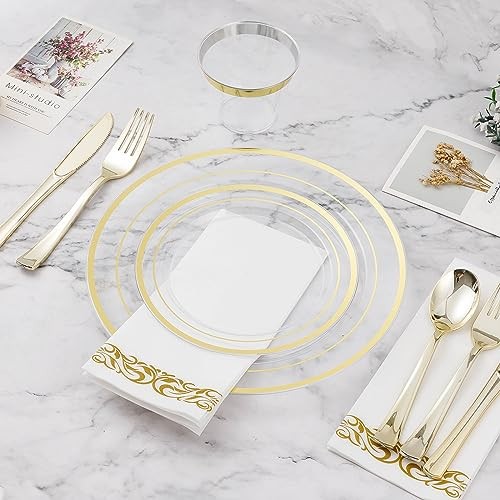 700PCS Disposable Dinnerware Set for Plastic Plates for 100 Guests Clear Gold