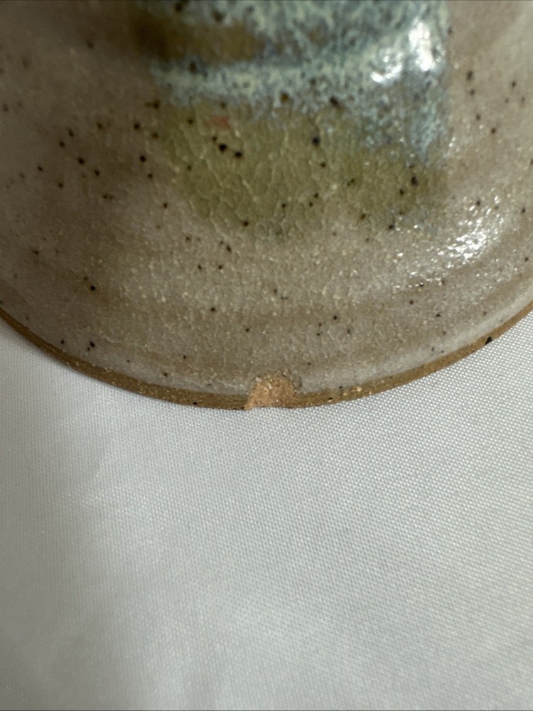 Candlestick Signed Handcrafted Pottery Ruffle Edge Green & Tan