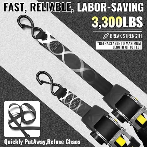 Retractable Ratchet Straps, (2) 2" x 10' Automatic Tie Down Strap Sets + (2)