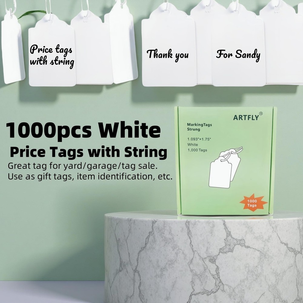 1000 PCS Pre-Strung Price Tags with String, White Paper
