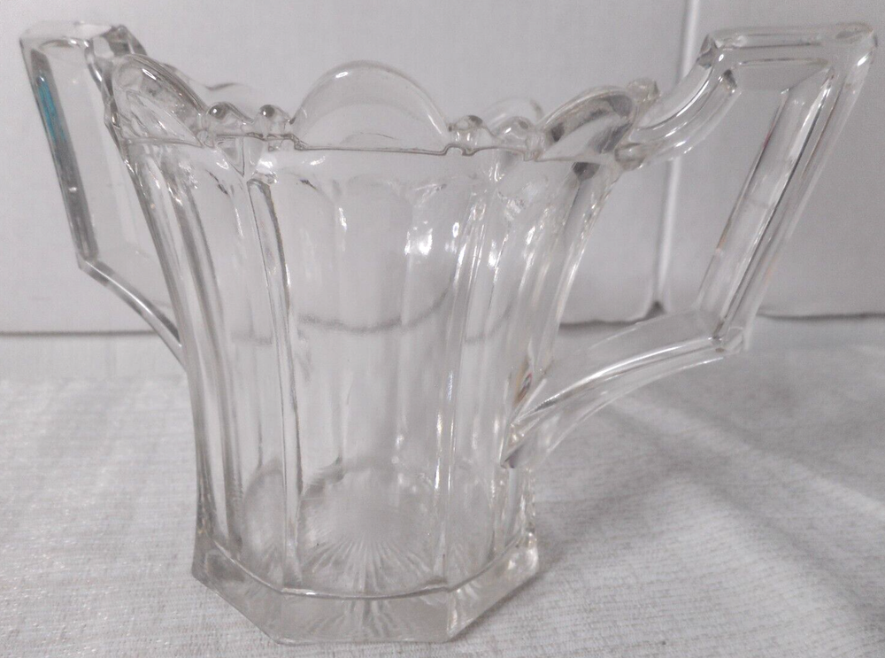 Victorian Clear Thick Glass Double Handle Spooner Scalloped Top Sunburst Bottom