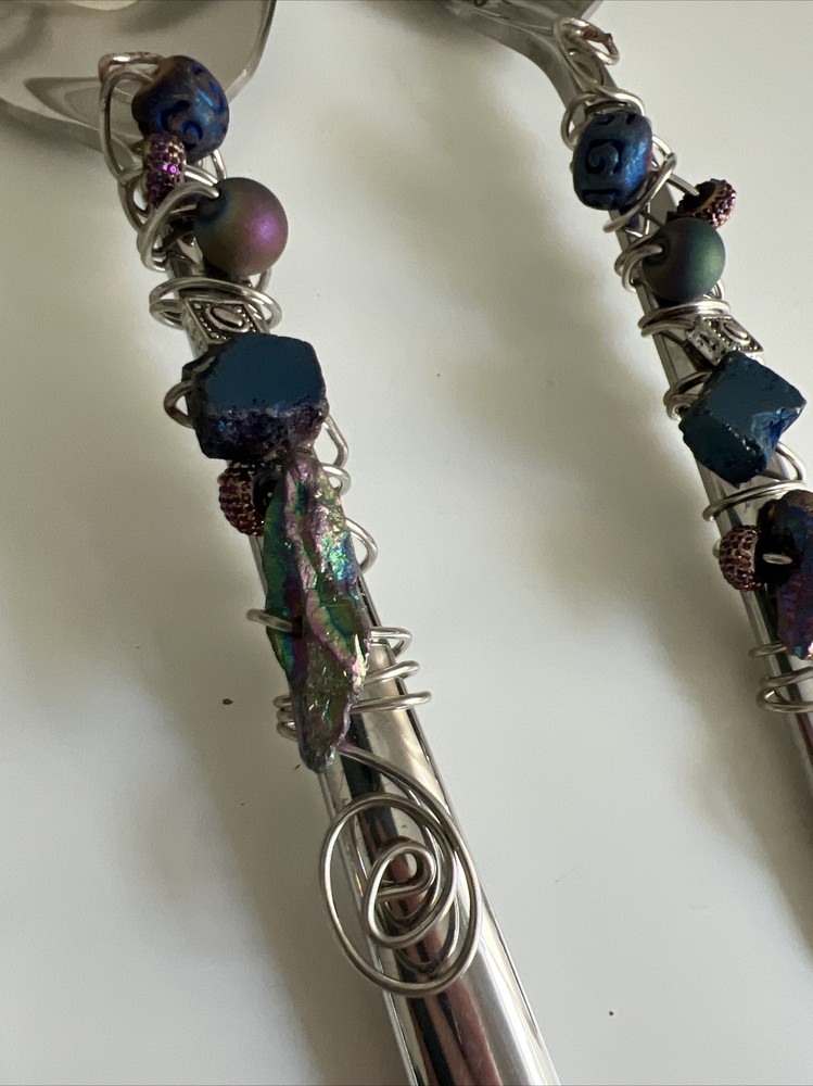 Fancy Spoon Fork Serving Utensils Bead Rock Wire Wrapped Slotted Salad Gemstone