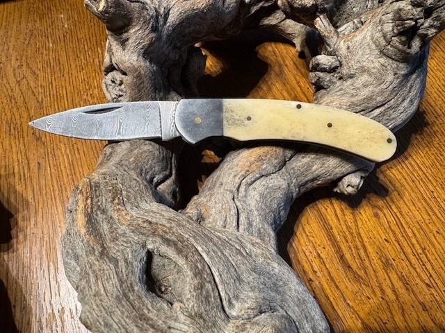 Big Damascus folding blade knife w/ white bone handle