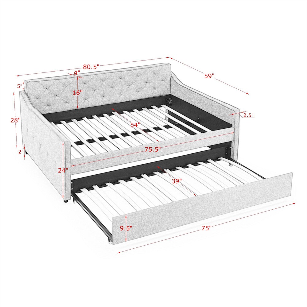 Full Size Daybed with Pull Out Trundle Bed Linen Upholstered Bed Frame Sofa Bed