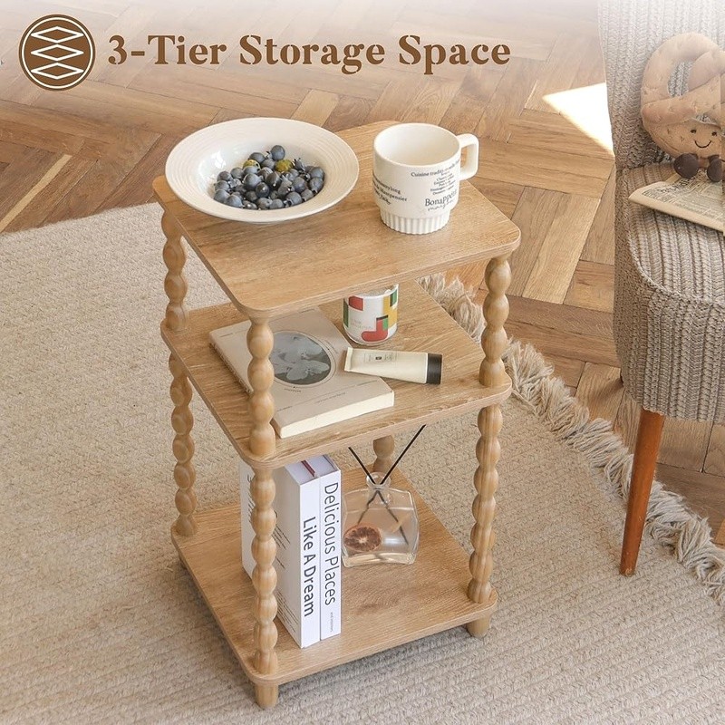 Vintage Side Table 3-Tier Storage Nightstand Compact Design Easy Assembly New