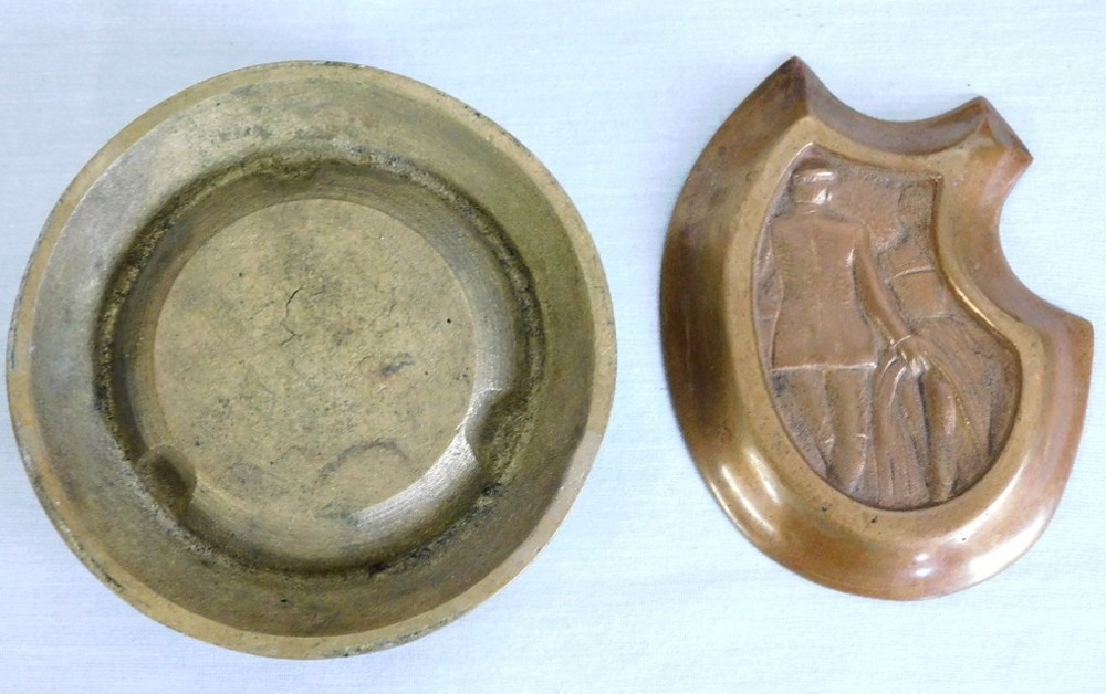 Two Early 20th C. Solid Brass Ashtrays - US Eagle Shield & Naughty Officer