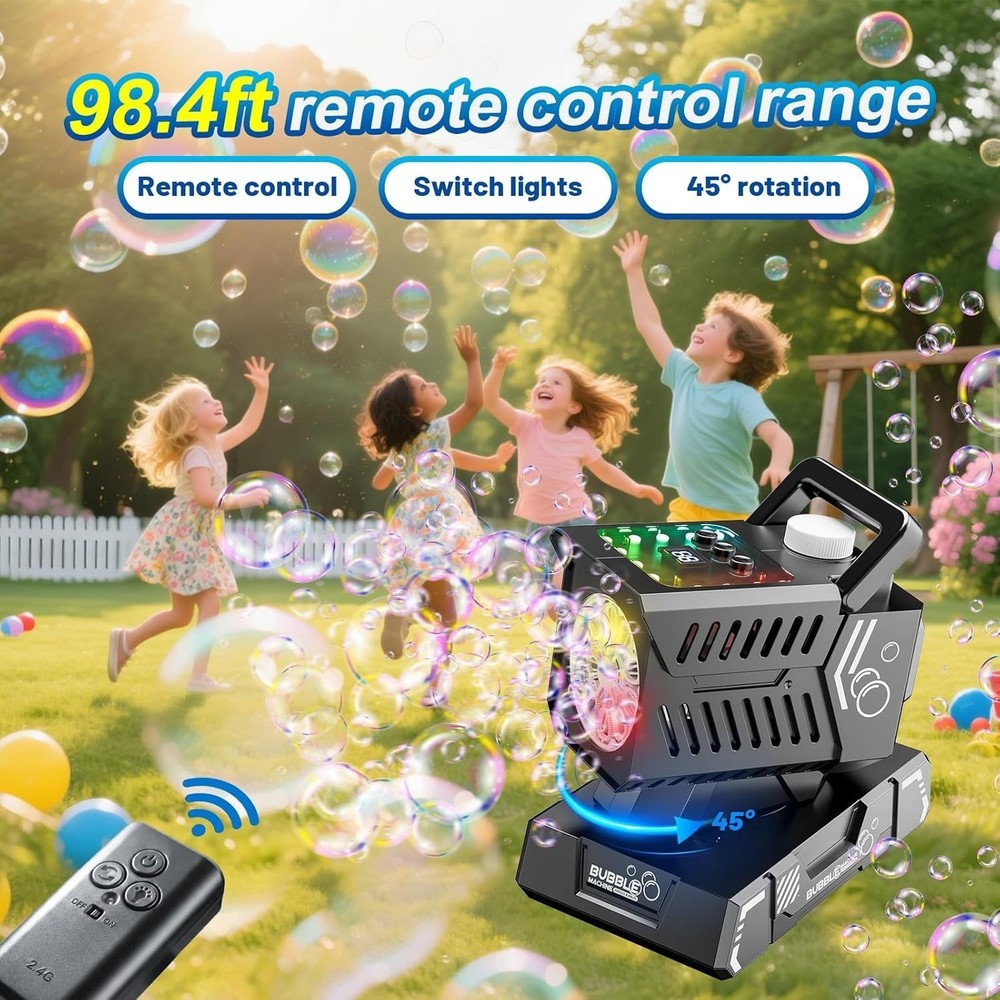 Upgraded bubble machine with remote control and automatic rotation RGB lights