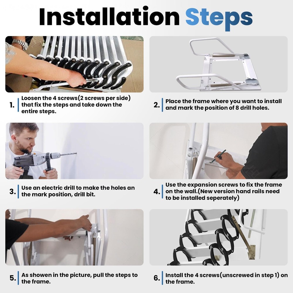 12 Steps Wall Mounted Folding Stairs w/Handrail,Pull Down Attic Ladder for Roofs