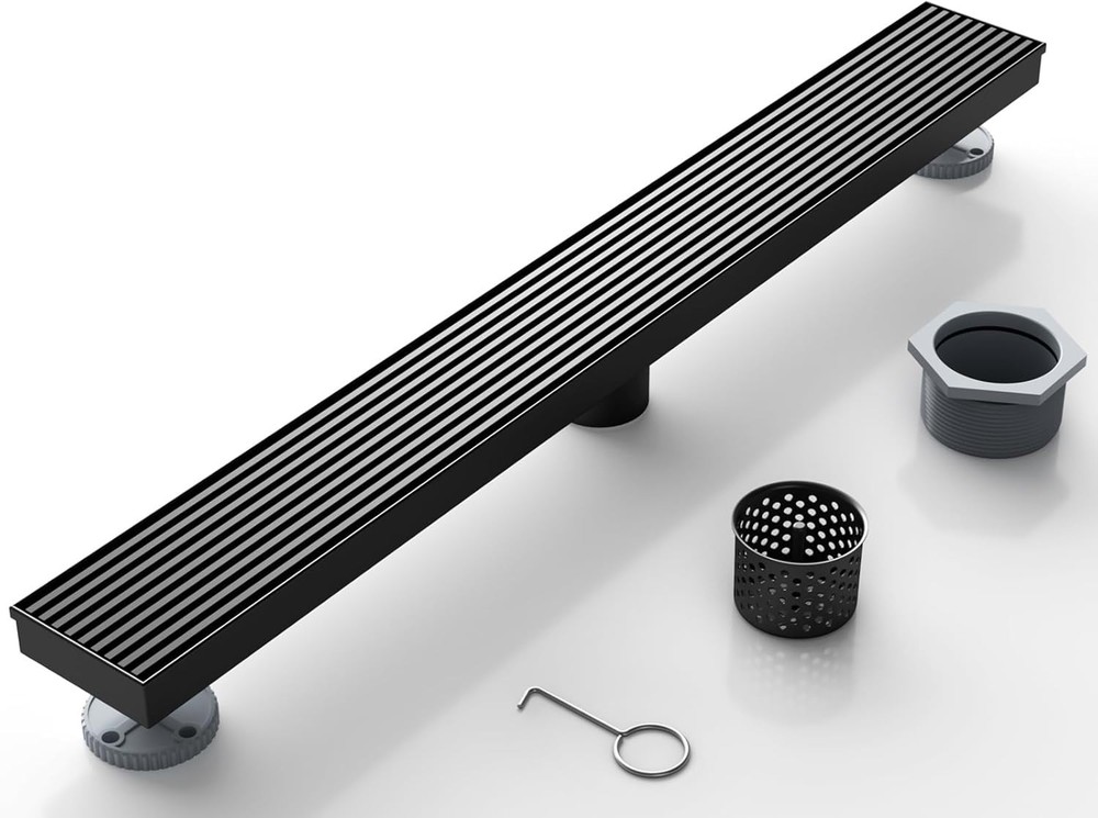 Matte Black 32 Inch Linear Shower Drain with Removable Wedge Wire Pattern Grate