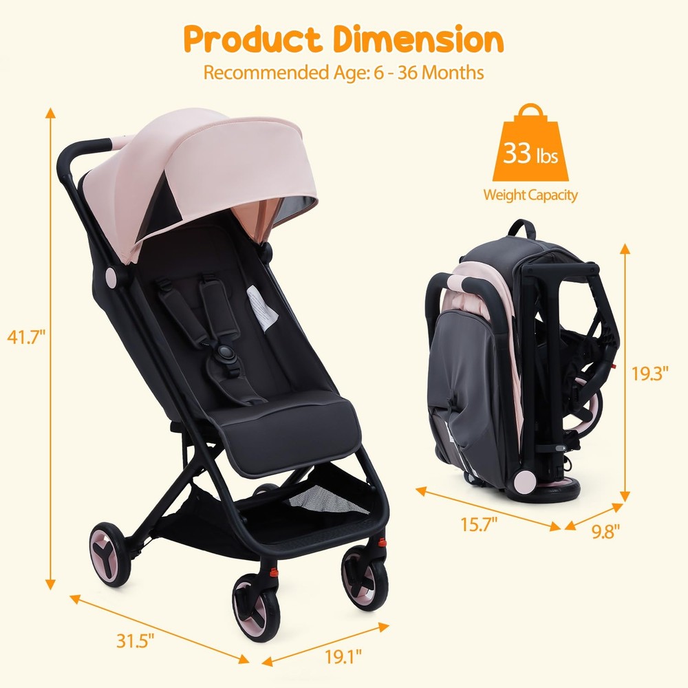 Lightweight Travel Stroller, Foldable Compact Stroller w/Reclining Seat & Canopy