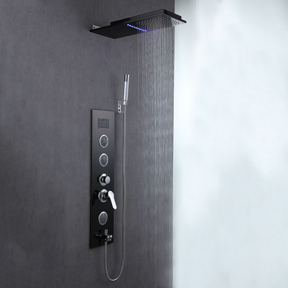 Black LED Rectangle Shower Head Massage Digital Display 4-Way Mixing Valve Panel