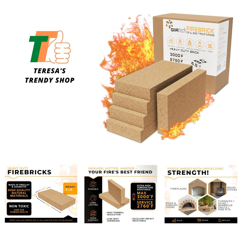 High Performance Fire Bricks - 5-Pack 9"x4.5" for Efficient Heat Distribution