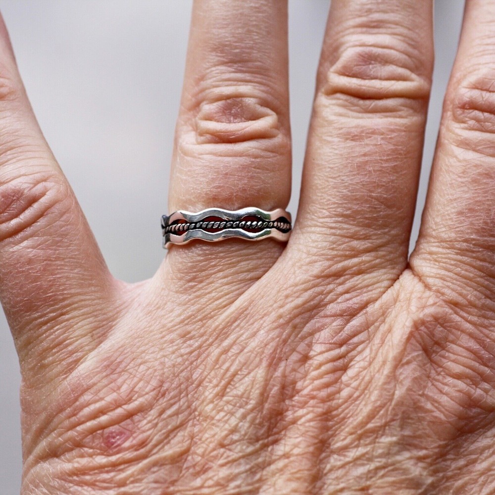 Woven Wave Open Work Band Sterling Silver, Handmade, Adjustable Size 4 3/4 up