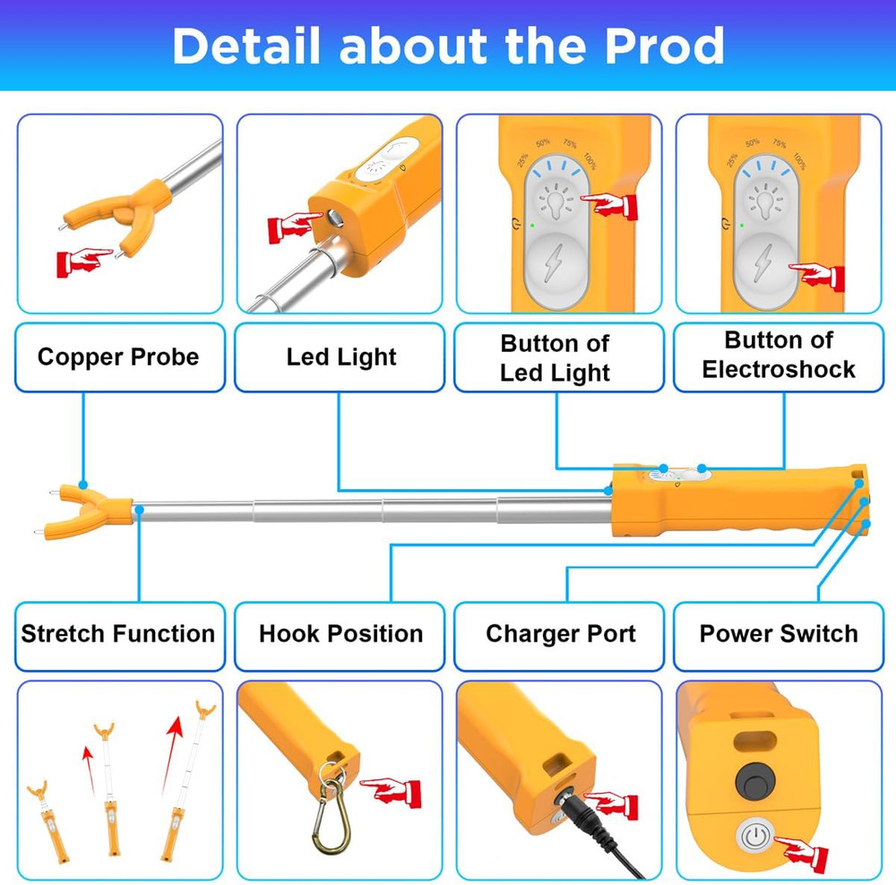 Cattle Prod Rechargeable with Led Light, Waterproof Retractable Cattle Prod Cows