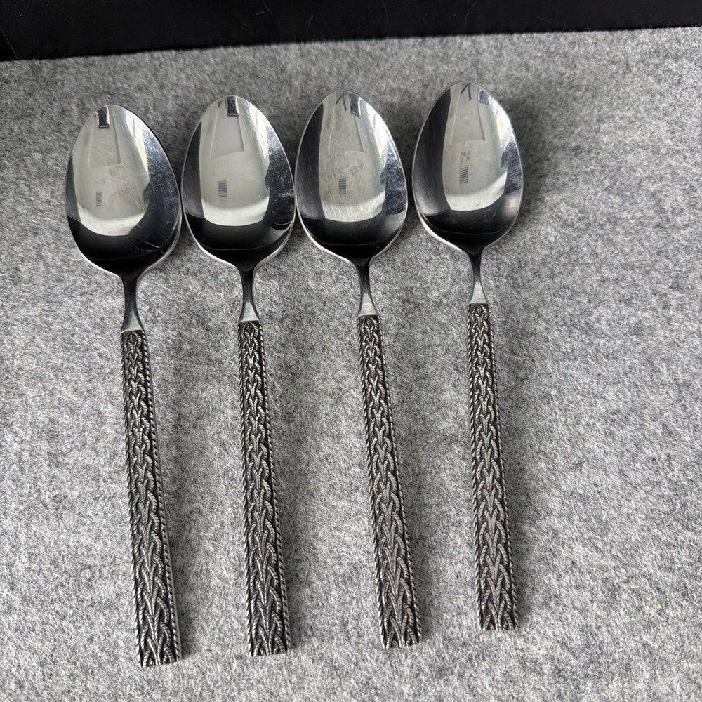 4 MCM JAPAN STAINLESS STEEL FLATWARE BRAIDED ROPE PATTERN Dinner Spoons