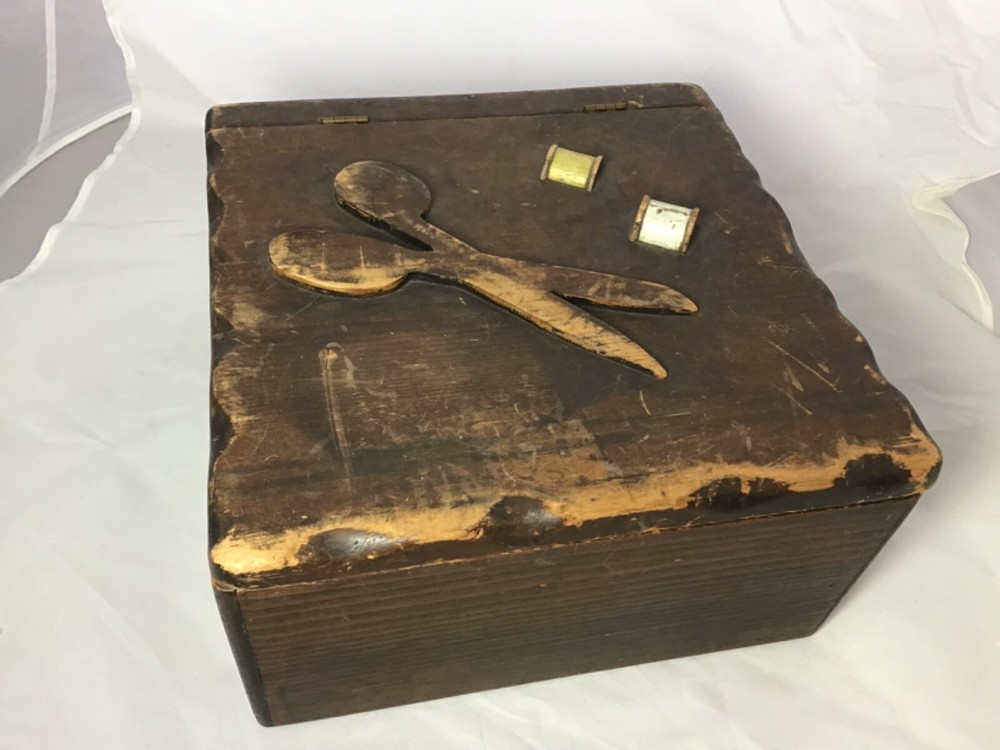 Vintage Primitive Hand Carved Wood Sewing Box