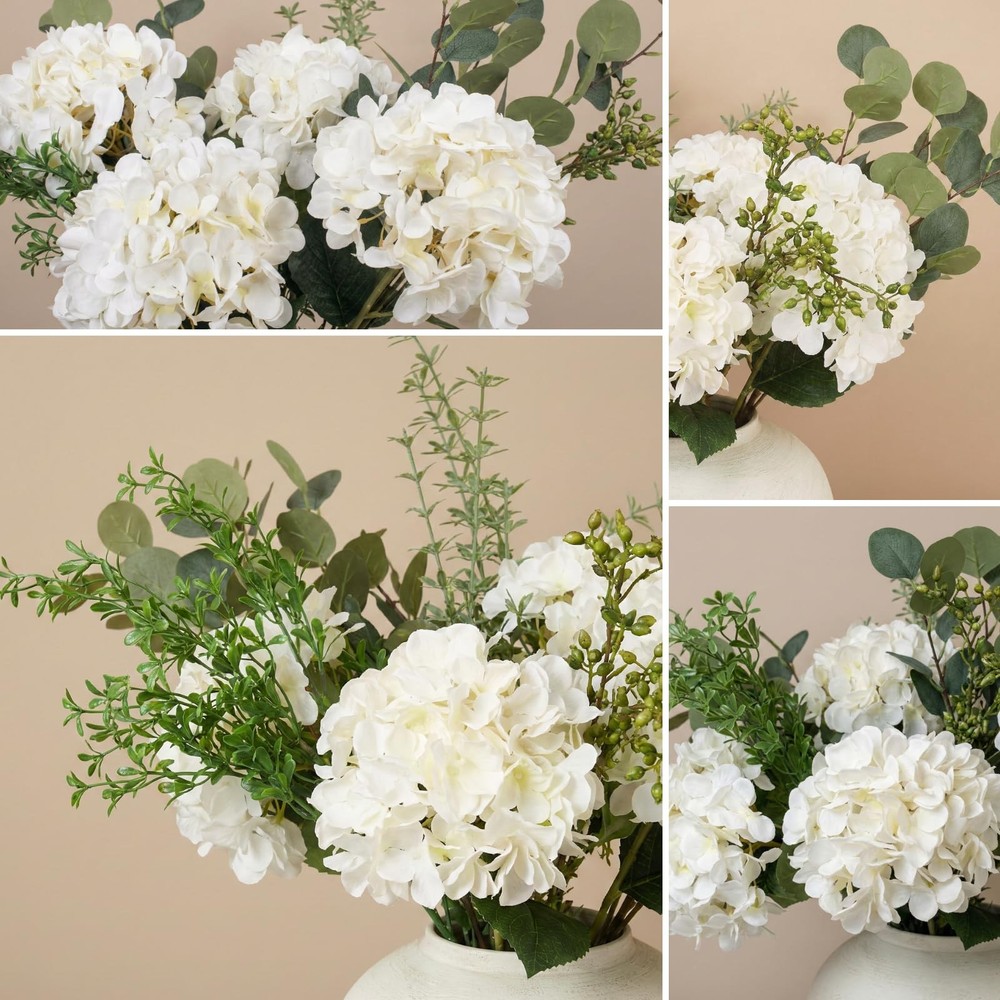 Faux Arrangement - Eucalyptus & White Hydrangea Flowers, Large Artificial Flo...