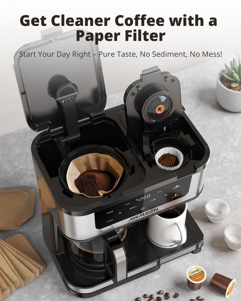 AIRMSEN 12-Cup Programmable Dual Coffee Maker – Single Serve 12 Cup, Black