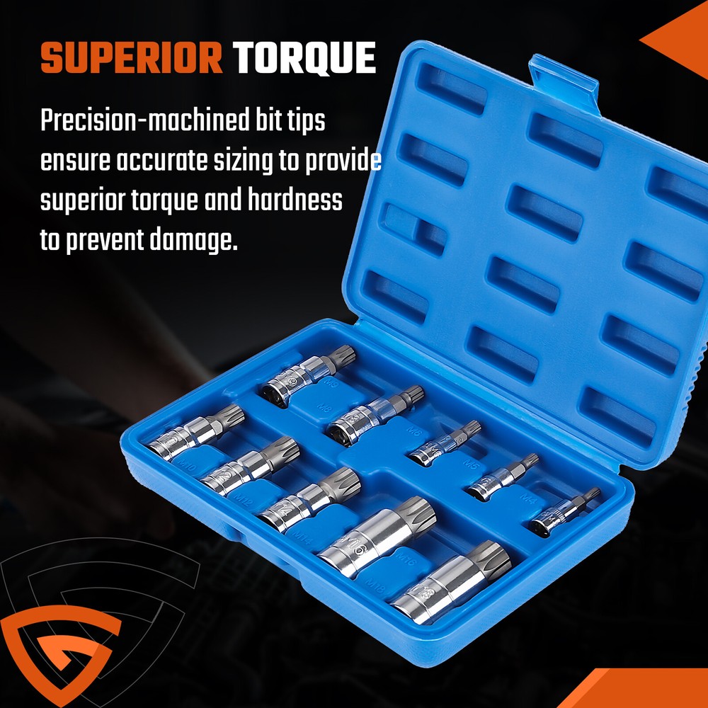 10 PC For XZN Triple Square Spline Bit Socket Set 12 Points with Carrying Case
