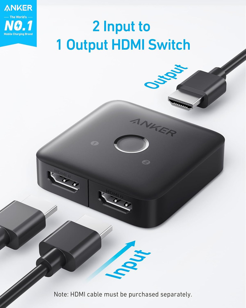 Anker HDMI Switch, 4K@60Hz HDMI Switcher, 2 in 1 Out with Smooth Finish, Support
