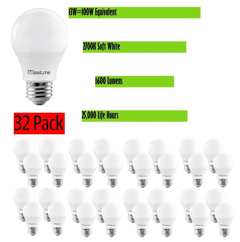 32 Pack Light Bulbs Maxlite 100W Equivalent LED Soft White 2700K A19 Dimmable